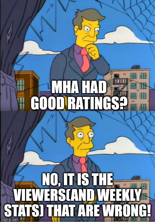 Skinner Out Of Touch | MHA HAD GOOD RATINGS? NO, IT IS THE VIEWERS(AND WEEKLY STATS) THAT ARE WRONG! | image tagged in skinner out of touch | made w/ Imgflip meme maker