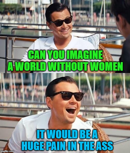 I'll stick to a world with women thank you very much! | CAN YOU IMAGINE A WORLD WITHOUT WOMEN; IT WOULD BE A HUGE PAIN IN THE ASS | image tagged in memes,leonardo dicaprio wolf of wall street,world without women,funny,huge pain in the ass,no fun | made w/ Imgflip meme maker
