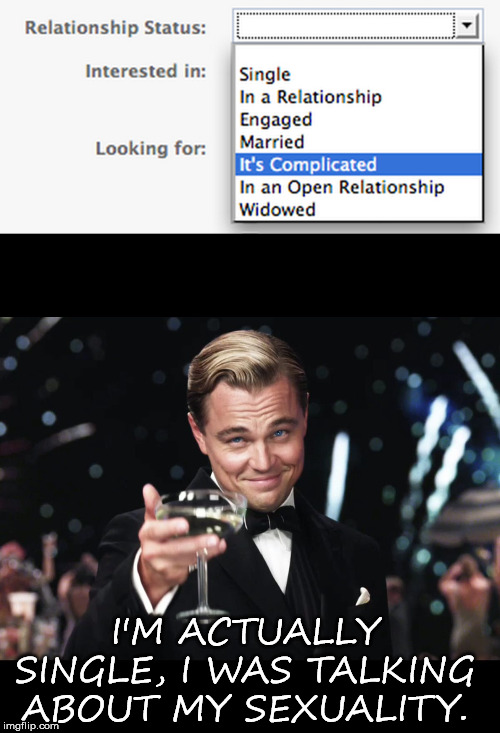 I'M ACTUALLY SINGLE, I WAS TALKING ABOUT MY SEXUALITY. | image tagged in leonardo dicaprio toast | made w/ Imgflip meme maker