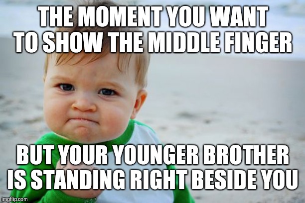 Success Kid Original | THE MOMENT YOU WANT TO SHOW THE MIDDLE FINGER; BUT YOUR YOUNGER BROTHER IS STANDING RIGHT BESIDE YOU | image tagged in memes,success kid original | made w/ Imgflip meme maker