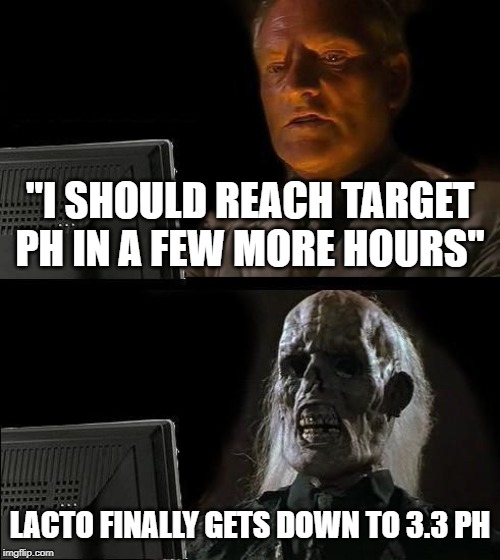 I'll Just Wait Here Meme | ''I SHOULD REACH TARGET PH IN A FEW MORE HOURS''; LACTO FINALLY GETS DOWN TO 3.3 PH | image tagged in memes,ill just wait here | made w/ Imgflip meme maker