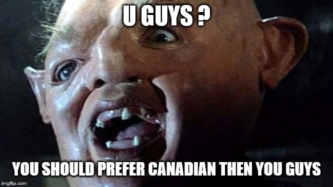 u guys ? | U GUYS ? YOU SHOULD PREFER CANADIAN THEN YOU GUYS | image tagged in sloth goonies hey you guys,funny meme,funny memes,meme | made w/ Imgflip meme maker