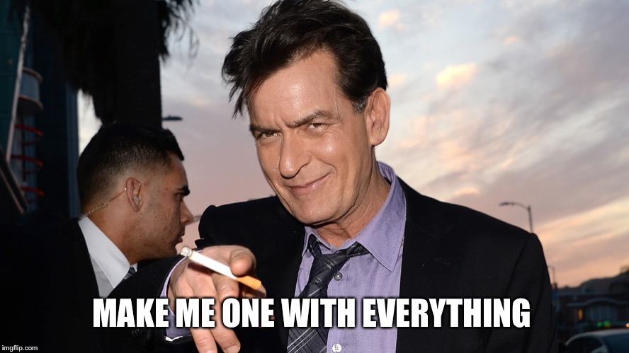 charlie sheen | MAKE ME ONE WITH EVERYTHING | image tagged in charlie sheen | made w/ Imgflip meme maker