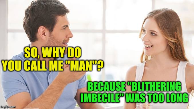 Couple talking  | SO, WHY DO YOU CALL ME "MAN"? BECAUSE "BLITHERING IMBECILE" WAS TOO LONG | image tagged in couple talking | made w/ Imgflip meme maker