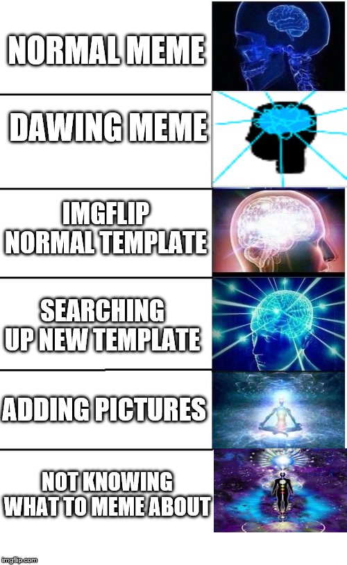 my brain is expanded past the point of no return | NORMAL MEME; DAWING MEME; IMGFLIP NORMAL TEMPLATE; SEARCHING UP NEW TEMPLATE; ADDING PICTURES; NOT KNOWING WHAT TO MEME ABOUT | image tagged in expanding brain 5 panel | made w/ Imgflip meme maker