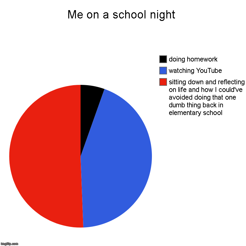 Me on a school night | sitting down and reflecting on life and how I could've avoided doing that one dumb thing back in elementary school, w | image tagged in charts,pie charts | made w/ Imgflip chart maker