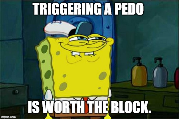 Don't You Squidward | TRIGGERING A PEDO; IS WORTH THE BLOCK. | image tagged in memes,dont you squidward | made w/ Imgflip meme maker