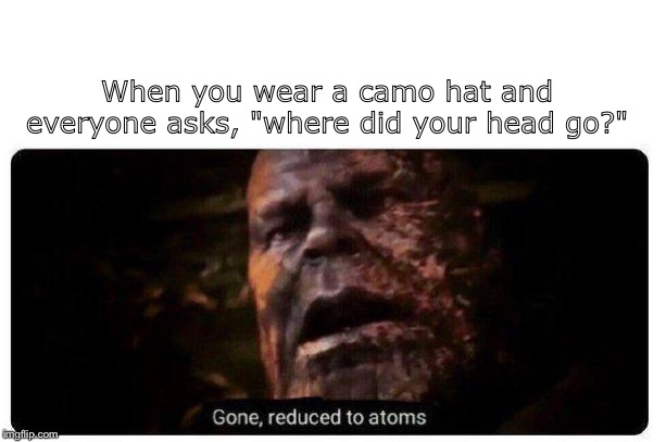 gone reduced to atoms | When you wear a camo hat and everyone asks, "where did your head go?" | image tagged in gone reduced to atoms | made w/ Imgflip meme maker