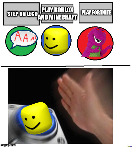 i will press the blue button!! | PLAY ROBLOX AND MINECRAFT; PLAY FORTNITE; STEP ON LEGO | image tagged in i will press the blue button | made w/ Imgflip meme maker
