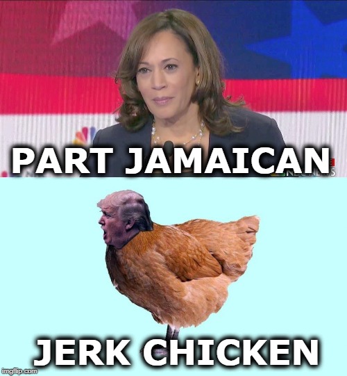 PART JAMAICAN; JERK CHICKEN | image tagged in trump,kamala harris,jamaican,chicken | made w/ Imgflip meme maker