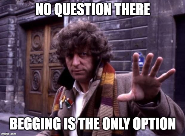 dr who no questions | NO QUESTION THERE BEGGING IS THE ONLY OPTION | image tagged in dr who no questions | made w/ Imgflip meme maker