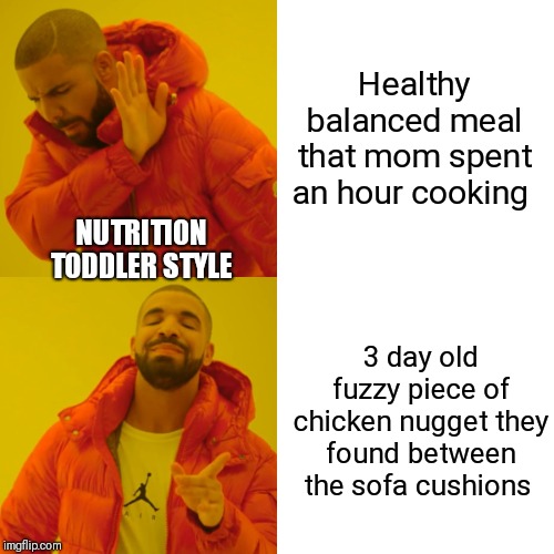 Honestly, the stuff my kids put in their mouths | Healthy balanced meal that mom spent an hour cooking; NUTRITION TODDLER STYLE; 3 day old fuzzy piece of chicken nugget they found between the sofa cushions | image tagged in memes,drake hotline bling,evil toddler,parenting,meal | made w/ Imgflip meme maker