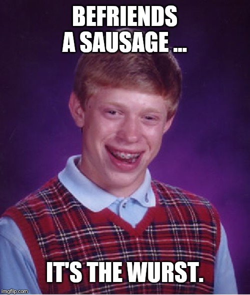 Bad Luck Brian Meme | BEFRIENDS A SAUSAGE ... IT'S THE WURST. | image tagged in memes,bad luck brian | made w/ Imgflip meme maker