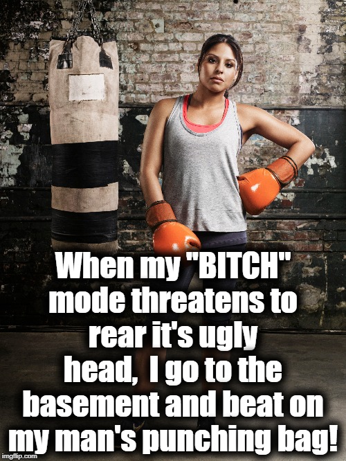 When my "B**CH" mode threatens to rear it's ugly head,  I go to the basement and beat on my man's punching bag! | made w/ Imgflip meme maker