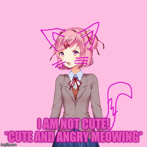 Cats+Natsuki=Cat Natsuki! | I AM NOT CUTE! *CUTE AND ANGRY MEOWING* | image tagged in natsuki,cat,ddlc | made w/ Imgflip meme maker