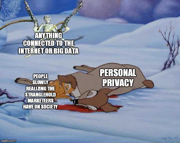 Bambie | ANYTHING CONNECTED TO THE INTERNET OR BIG DATA; PEOPLE SLOWLY REALIZING THE STRANGLEHOLD MARKETEERS HAVE ON SOCIETY; PERSONAL PRIVACY | image tagged in political meme | made w/ Imgflip meme maker