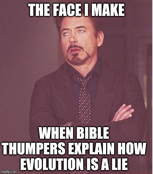 Face You Make Robert Downey Jr | THE FACE I MAKE; WHEN BIBLE THUMPERS EXPLAIN HOW EVOLUTION IS A LIE | image tagged in memes,face you make robert downey jr | made w/ Imgflip meme maker