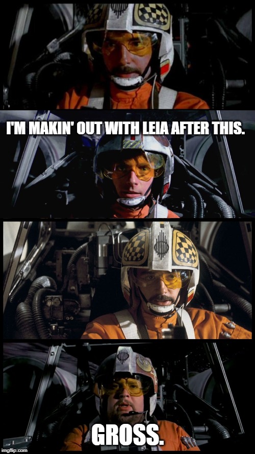 She's my seester. | I'M MAKIN' OUT WITH LEIA AFTER THIS. GROSS. | image tagged in star wars porkins | made w/ Imgflip meme maker