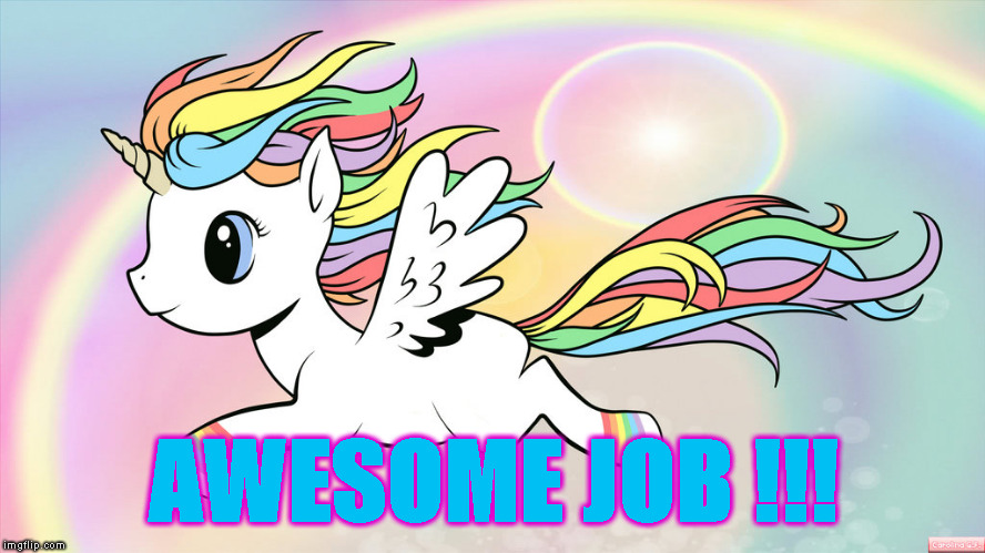 rainbow unicorn | AWESOME JOB !!! | image tagged in rainbow unicorn | made w/ Imgflip meme maker