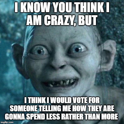 Gollum Meme | I KNOW YOU THINK I
AM CRAZY, BUT; I THINK I WOULD VOTE FOR SOMEONE TELLING ME HOW THEY ARE GONNA SPEND LESS RATHER THAN MORE | image tagged in memes,gollum | made w/ Imgflip meme maker