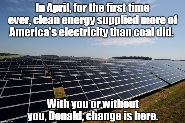 America's solar electric capacity will more than double over the next five years. | In April, for the first time ever, clean energy supplied more of America's electricity than coal did. With you or without you, Donald, change is here. | image tagged in solar farm,america,electricity,clean,wind,water | made w/ Imgflip meme maker