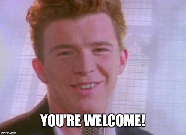 Rick Astley | YOU’RE WELCOME! | image tagged in rick astley | made w/ Imgflip meme maker