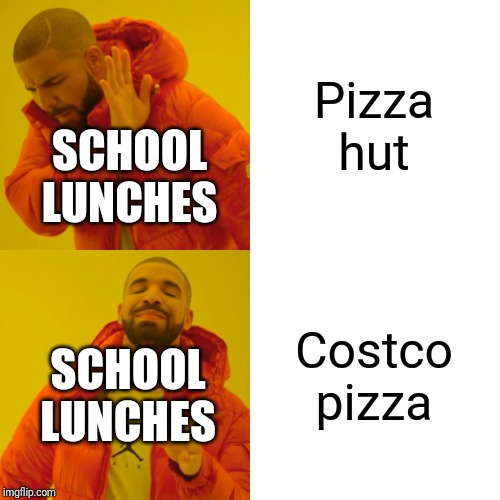 Drake Hotline Bling Meme | Pizza hut; SCHOOL LUNCHES; Costco pizza; SCHOOL LUNCHES | image tagged in memes,drake hotline bling | made w/ Imgflip meme maker