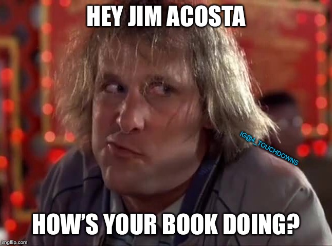 You are fake news | HEY JIM ACOSTA; IG@4_TOUCHDOWNS; HOW’S YOUR BOOK DOING? | image tagged in jim acosta,cnn,cnn fake news | made w/ Imgflip meme maker