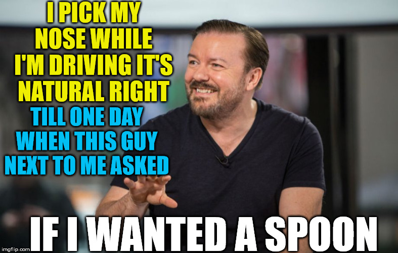 nose pick | I PICK MY NOSE WHILE I'M DRIVING IT'S NATURAL RIGHT; TILL ONE DAY WHEN THIS GUY NEXT TO ME ASKED; IF I WANTED A SPOON | image tagged in nose pick,ricky gervais | made w/ Imgflip meme maker