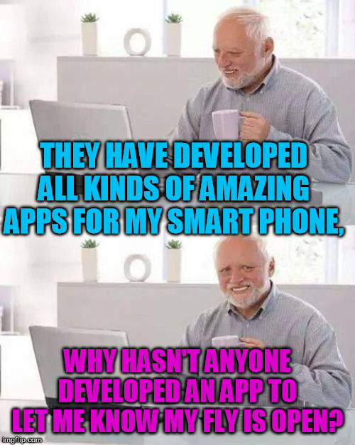 What can you say? You get old, you forget sometimes until the air conditioning hits.... | THEY HAVE DEVELOPED ALL KINDS OF AMAZING APPS FOR MY SMART PHONE, WHY HASN'T ANYONE DEVELOPED AN APP TO LET ME KNOW MY FLY IS OPEN? | image tagged in memes,hide the pain harold | made w/ Imgflip meme maker