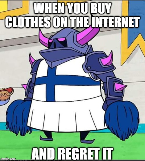 Tortured pekka | WHEN YOU BUY CLOTHES ON THE INTERNET; AND REGRET IT | image tagged in tortured pekka | made w/ Imgflip meme maker
