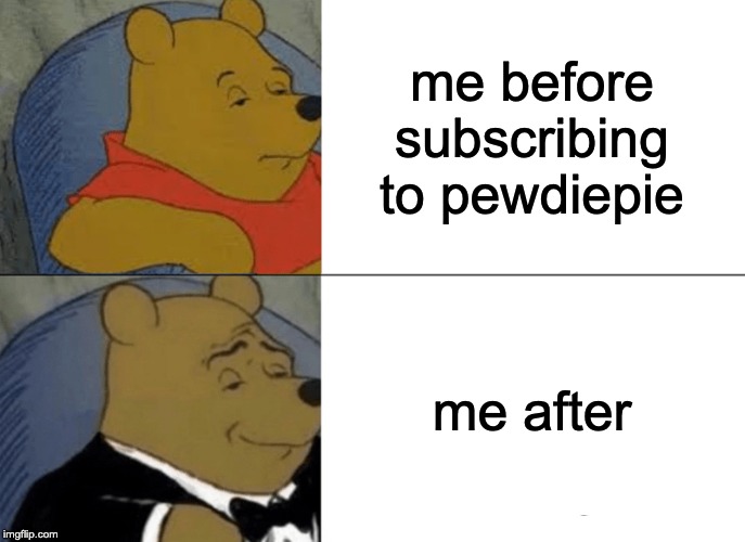 Tuxedo Winnie The Pooh | me before subscribing to pewdiepie; me after | image tagged in memes,tuxedo winnie the pooh | made w/ Imgflip meme maker