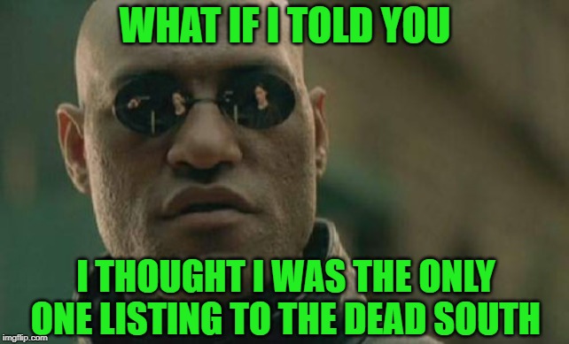 Matrix Morpheus Meme | WHAT IF I TOLD YOU I THOUGHT I WAS THE ONLY ONE LISTING TO THE DEAD SOUTH | image tagged in memes,matrix morpheus | made w/ Imgflip meme maker