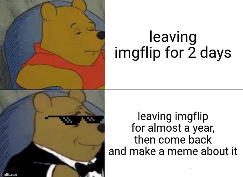 how long have I been gone exactly? | leaving imgflip for 2 days; leaving imgflip for almost a year, then come back and make a meme about it | image tagged in memes,tuxedo winnie the pooh | made w/ Imgflip meme maker