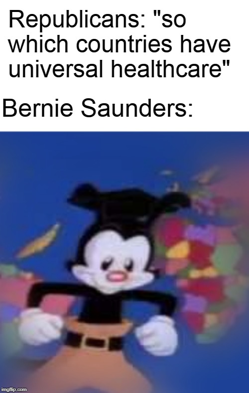 YAKKO | Republicans: "so which countries have universal healthcare"; Bernie Saunders: | image tagged in yakko,bernie sanders,healthcare | made w/ Imgflip meme maker