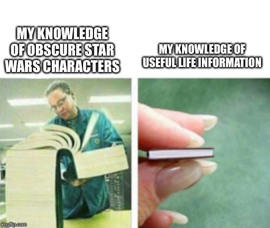 My Knowledge Of Blank | MY KNOWLEDGE OF USEFUL LIFE INFORMATION; MY KNOWLEDGE OF OBSCURE STAR WARS CHARACTERS | image tagged in my knowledge of blank,star wars | made w/ Imgflip meme maker
