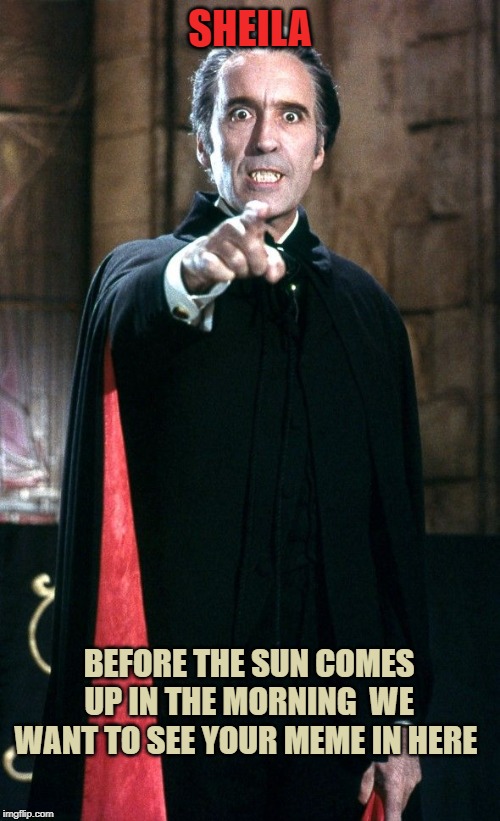 Christopher Lee Vampire | SHEILA; BEFORE THE SUN COMES UP IN THE MORNING  WE WANT TO SEE YOUR MEME IN HERE | image tagged in christopher lee vampire | made w/ Imgflip meme maker