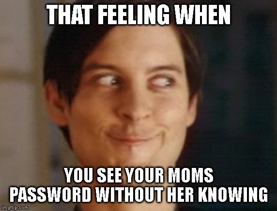Spiderman Peter Parker | THAT FEELING WHEN; YOU SEE YOUR MOMS PASSWORD WITHOUT HER KNOWING | image tagged in memes,spiderman peter parker | made w/ Imgflip meme maker