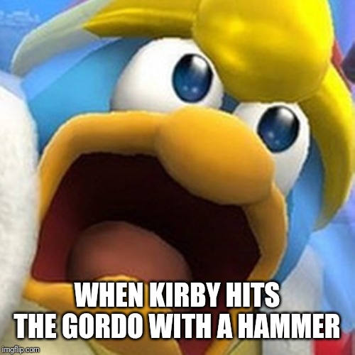 King Dedede oh shit face | WHEN KIRBY HITS THE GORDO WITH A HAMMER | image tagged in king dedede oh shit face,kirby,memes | made w/ Imgflip meme maker