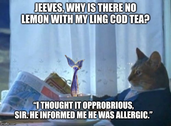 I Should Buy A Boat Cat Meme | JEEVES, WHY IS THERE NO LEMON WITH MY LING COD TEA? “I THOUGHT IT OPPROBRIOUS, SIR. HE INFORMED ME HE WAS ALLERGIC.” | image tagged in memes,i should buy a boat cat | made w/ Imgflip meme maker