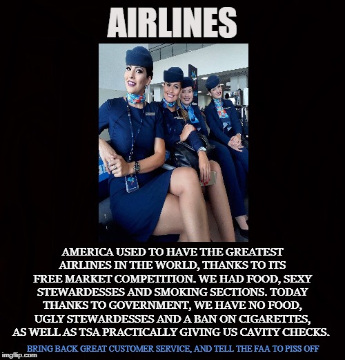 AIRLINES AND AIRPORTS | AIRLINES; AMERICA USED TO HAVE THE GREATEST AIRLINES IN THE WORLD, THANKS TO ITS FREE MARKET COMPETITION. WE HAD FOOD, SEXY STEWARDESSES AND SMOKING SECTIONS. TODAY THANKS TO GOVERNMENT, WE HAVE NO FOOD, UGLY STEWARDESSES AND A BAN ON CIGARETTES, AS WELL AS TSA PRACTICALLY GIVING US CAVITY CHECKS. BRING BACK GREAT CUSTOMER SERVICE, AND TELL THE FAA TO PISS OFF | image tagged in airline,airport,stewardesses,food,cigarettes,tsa | made w/ Imgflip meme maker