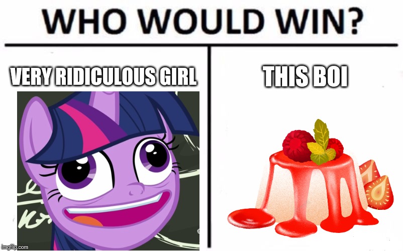 Pudding memes MLP | VERY RIDICULOUS GIRL; THIS BOI | image tagged in memes,who would win,mlp,pudding,my little pony,twilight | made w/ Imgflip meme maker