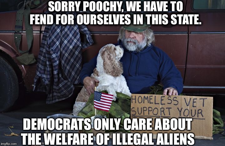 SORRY POOCHY, WE HAVE TO FEND FOR OURSELVES IN THIS STATE. DEMOCRATS ONLY CARE ABOUT THE WELFARE OF ILLEGAL ALIENS | image tagged in veterans,illegal aliens,immigrant children,california,democrats,migrant caravan | made w/ Imgflip meme maker