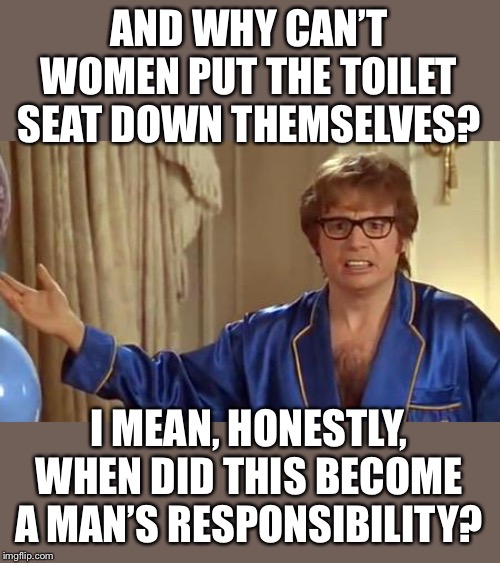 Austin Powers Honestly Meme | AND WHY CAN’T WOMEN PUT THE TOILET SEAT DOWN THEMSELVES? I MEAN, HONESTLY, WHEN DID THIS BECOME A MAN’S RESPONSIBILITY? | image tagged in memes,austin powers honestly | made w/ Imgflip meme maker