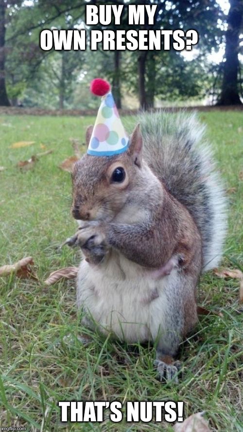 Super Birthday Squirrel Meme | BUY MY OWN PRESENTS? THAT’S NUTS! | image tagged in memes,super birthday squirrel | made w/ Imgflip meme maker