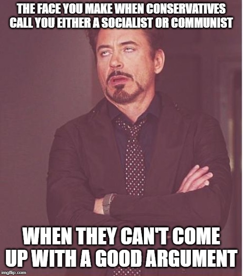 Face You Make Robert Downey Jr Meme | THE FACE YOU MAKE WHEN CONSERVATIVES CALL YOU EITHER A SOCIALIST OR COMMUNIST WHEN THEY CAN'T COME UP WITH A GOOD ARGUMENT | image tagged in memes,face you make robert downey jr | made w/ Imgflip meme maker