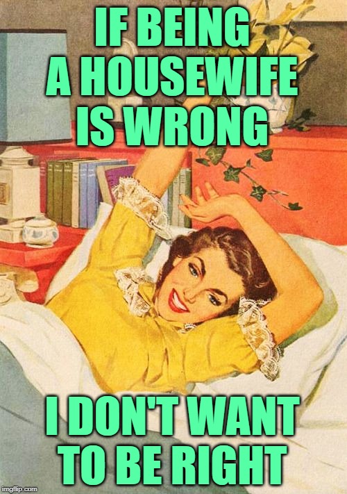 Housewife Life |  IF BEING A HOUSEWIFE IS WRONG; I DON'T WANT TO BE RIGHT | image tagged in vintage,housewife,marriage,funny memes,women,clever girl | made w/ Imgflip meme maker