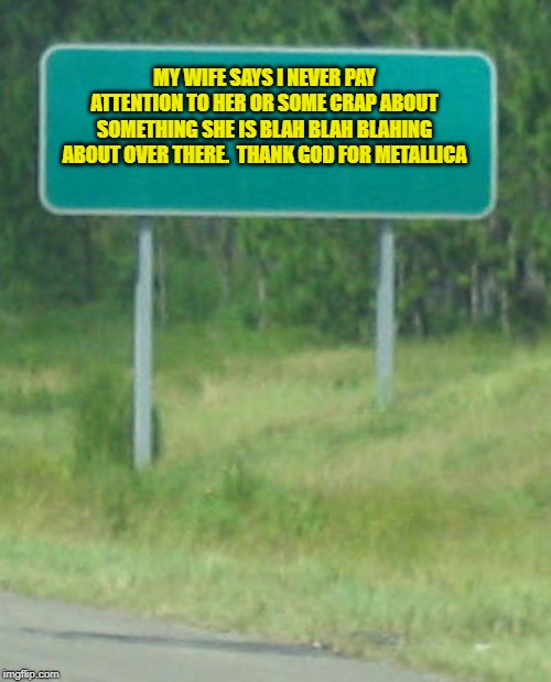 Green Road sign blank | MY WIFE SAYS I NEVER PAY ATTENTION TO HER OR SOME CRAP ABOUT SOMETHING SHE IS BLAH BLAH BLAHING ABOUT OVER THERE.  THANK GOD FOR METALLICA | image tagged in green road sign blank | made w/ Imgflip meme maker