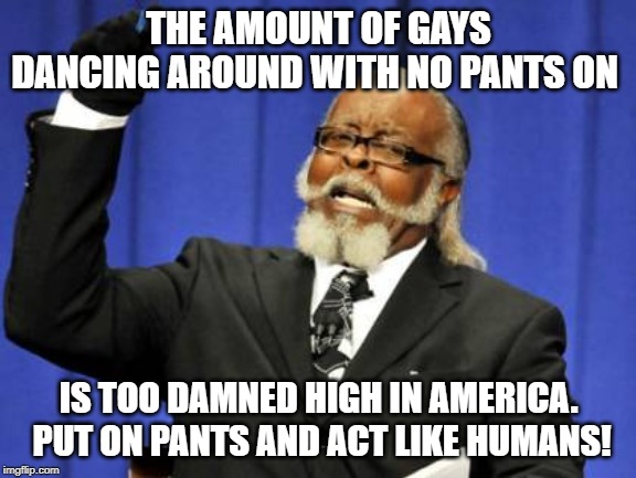 Too Damn High | THE AMOUNT OF GAYS DANCING AROUND WITH NO PANTS ON; IS TOO DAMNED HIGH IN AMERICA.  PUT ON PANTS AND ACT LIKE HUMANS! | image tagged in memes,too damn high | made w/ Imgflip meme maker