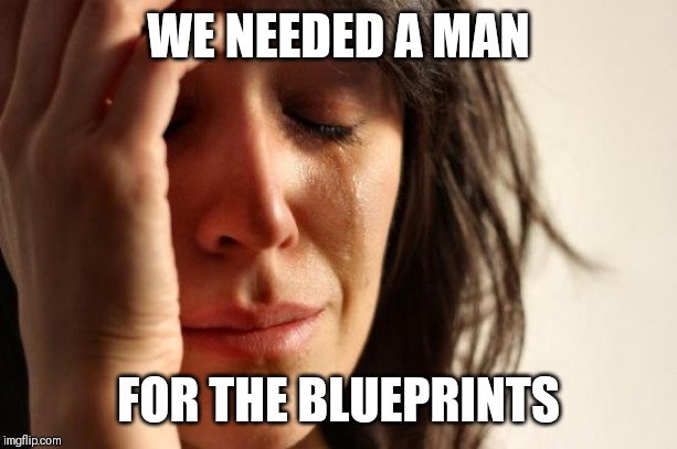 First World Problems Meme | WE NEEDED A MAN FOR THE BLUEPRINTS | image tagged in memes,first world problems | made w/ Imgflip meme maker